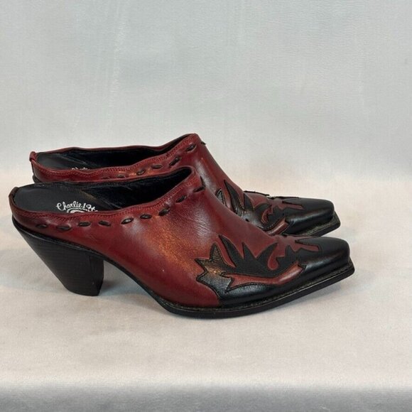 Charlie 1 Horse Lucchese Womens Mules 6.5 Pointy‎ Red Black Western Handcrafted - Picture 1 of 16